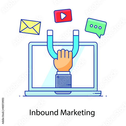 
Social apps attracted by magnet, inbound marketing icon in flat outline style 
