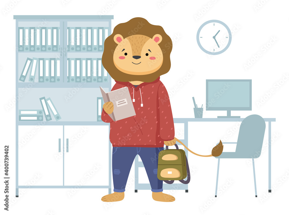 Funny cartoon animal student. A lion schoolboy in uniform standing with a notebook and a backpack. Back to school concept. Active pupil looks at the copybook and does his homework in the class Funny cartoon animal student. A lion schoolboy in uniform standing with a notebook and a backpack. Back to school concept. Active pupil looks at the copybook and does his homework in the class