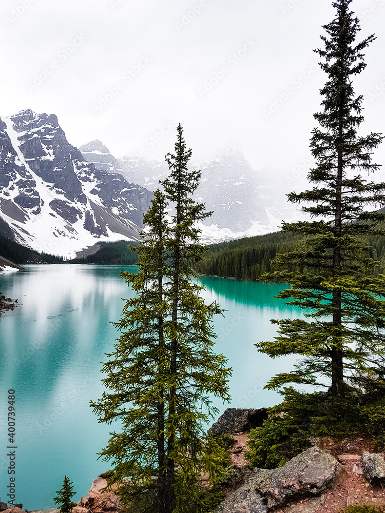Moraine lake during a rainy day