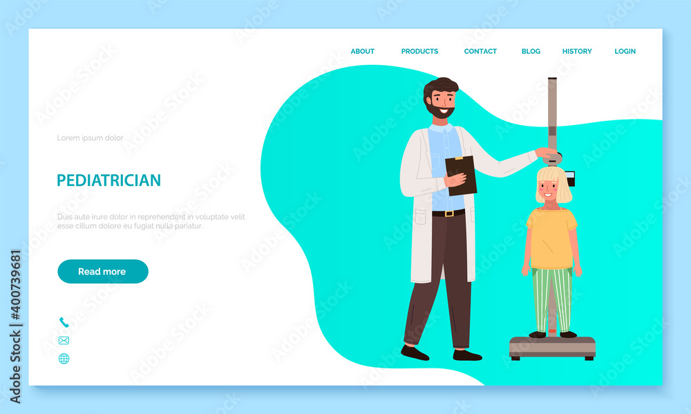 App for communication with healthcare professionals. Website for consultation with a pediatrist. Program landing page template. Doctor measures the child s height. Girl at a pediatrician appointment