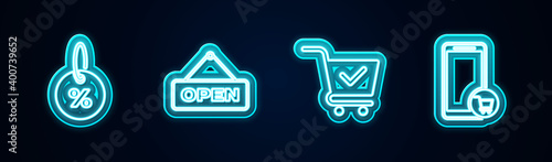 Set line Discount percent tag, Hanging sign with Open door, Shopping cart check mark and Mobile and shopping. Glowing neon icon. Vector.