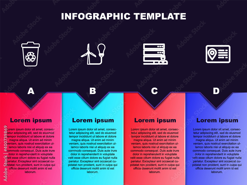 Set line Recycle bin with recycle, Light bulb wind turbine, Customer care server and Address book. Business infographic template. Vector. Set line Recycle bin with recycle, Light bulb wind turbine, Customer care server and Address book. Business infographic template. Vector.