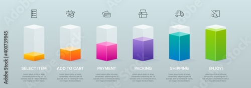 Concept of shopping process with 6 successive steps. Six colorful graphic elements. Timeline design for brochure, presentation, web site. Infographic design layout.