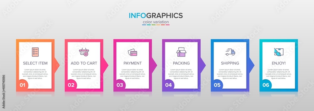 Concept of shopping process with 6 successive steps. Six colorful graphic elements. Timeline design for brochure, presentation, web site. Infographic design layout. Concept of shopping process with 6 successive steps. Six colorful graphic elements. Timeline design for brochure, presentation, web site. Infographic design layout.