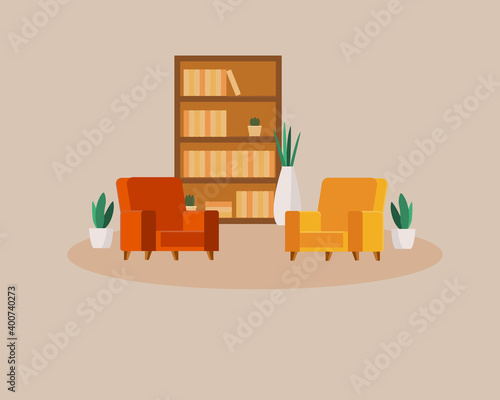 Living room interior with two colorful armchair ,plants and bookshelf for reading, relaxing and podcasting background. Vector flat illustration.