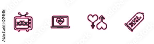 Set line Sex tv old television, Male and female heart, Laptop with 18 plus content and Condom safe sex icon. Vector.