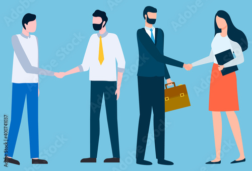 Workers handshake, man and woman greeting, international business. Employees meeting, colleagues communication, partnership technology, trade vector