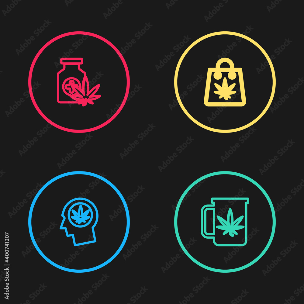 Set line Head in profile with marijuana, Cup tea, Shopping bag and Medical bottle icon. Vector. Set line Head in profile with marijuana, Cup tea, Shopping bag and Medical bottle icon. Vector.