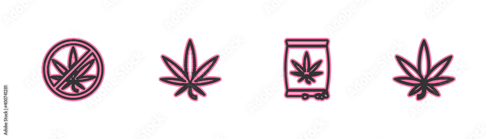 Set line Stop marijuana, Marijuana or cannabis seeds, leaf and icon. Vector.