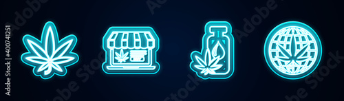 Set line Marijuana or cannabis leaf, Online buying marijuana, oil and Legalize. Glowing neon icon. Vector.