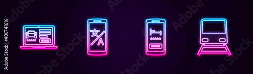 Set line Online car sharing, translator, hotel booking and Train. Glowing neon icon. Vector.