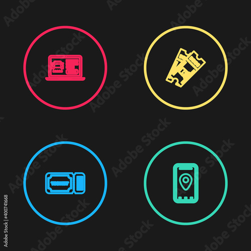 Set line Ticket, Infographic of city map, Train ticket and Online car sharing icon. Vector.