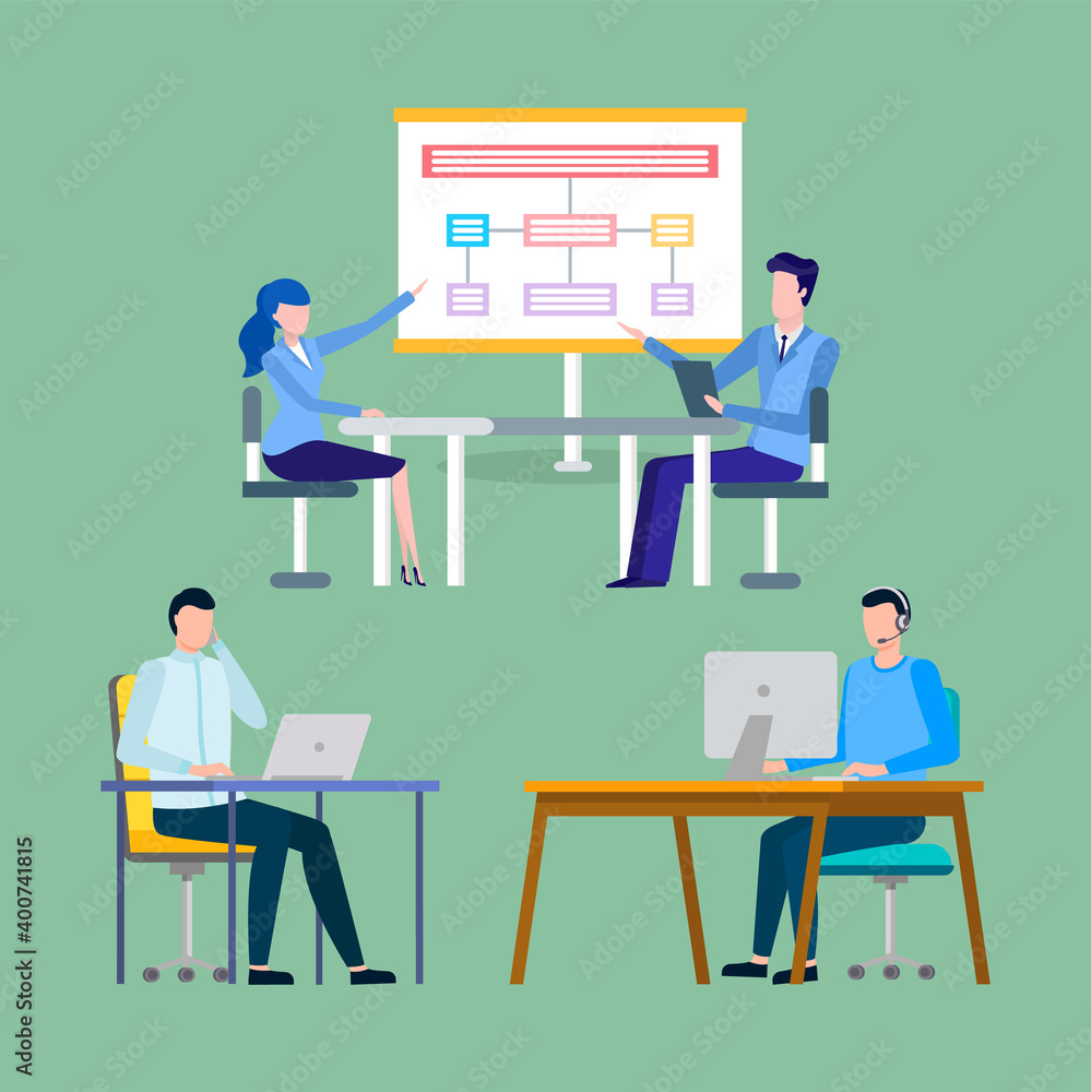 Business strategy implementation vector, man and woman at meeting thinking of business ideas. Workers with computer and laptop working in offices