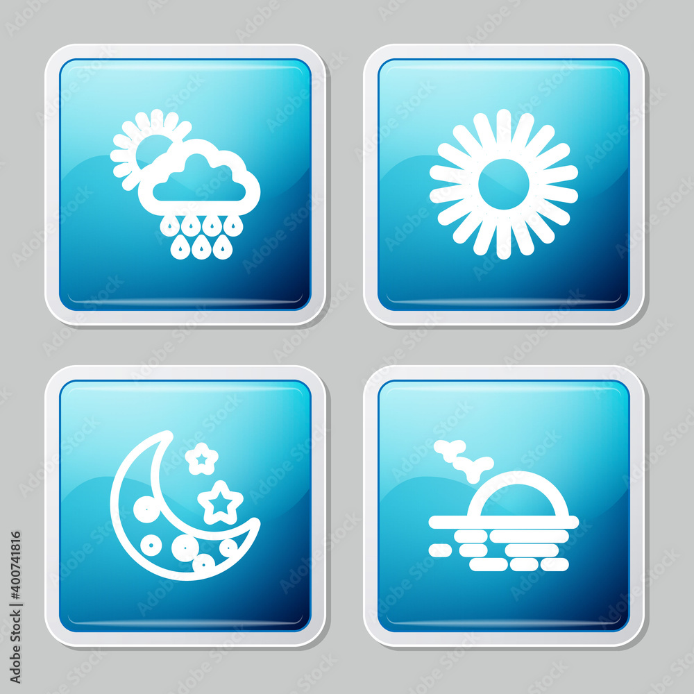 Set line Cloud with rain and sun, Sun, Moon stars and Sunset icon. Vector. Set line Cloud with rain and sun, Sun, Moon stars and Sunset icon. Vector.