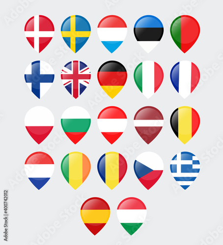Set of location signs colored with flags of European countries