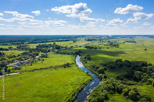 Aerial view of the river in the summertime in Kaliningrad area, Russia