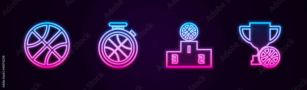 Set line Basketball ball, Stopwatch with basketball, Sports winner podium and Award cup. Glowing neon icon. Vector.