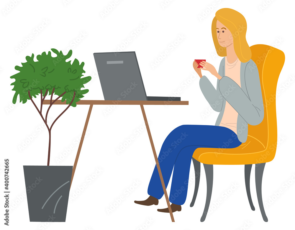 Woman sitting at a table at home drinking coffee and correspondence surfing the Internet. Girl communicating through network on the laptop. Social media network communication digital gadget addiction