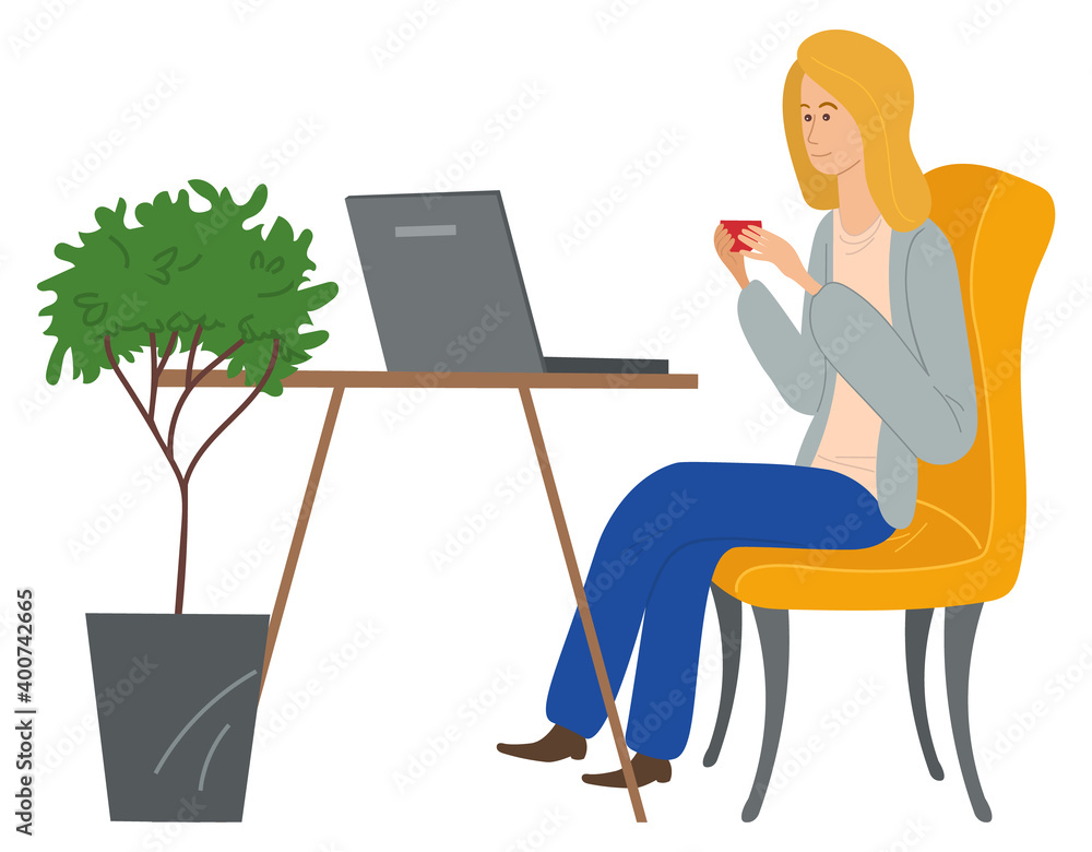Woman sitting at a table at home drinking coffee and correspondence surfing the Internet. Girl communicating through network on the laptop. Social media network communication digital gadget addiction Woman sitting at a table at home drinking coffee and correspondence surfing the Internet. Girl communicating through network on the laptop. Social media network communication digital gadget addiction