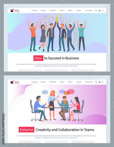 How to succeed in business vector website template, enhance creativity and collaboration in team webpage and landing page design. Businessmen holding golden cup, colleagues confers at the table