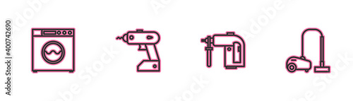 Set line Washer, Rotary hammer drill machine, Electric cordless screwdriver and Vacuum cleaner icon. Vector.