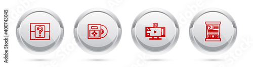 Set line Mystery or random box, CD DVD disk in, Live streaming online and Game guide. Silver circle button. Vector.