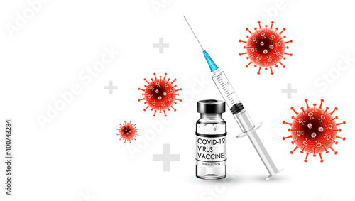 Anti Coronavirus disease COVID-19 infection medical vaccine with copy space. New official name for Coronavirus disease named COVID-19, Bottle vial and syringe isolated, vector illustration