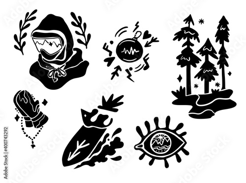 Winter outdoors silhouette.Vector illustration.Collection of snowboard sticker isolated.Extreme winter mountain activity.Vector illustration.Powder freeride winter silhouette.mask rider