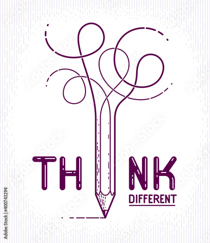Think different word with pencil instead of letter I, ideas and brainstorm concept, vector conceptual creative logo or poster made with special font.