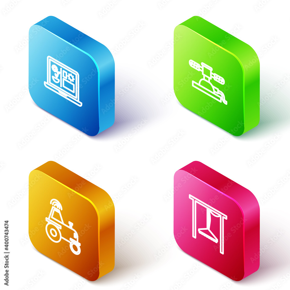 Set Isometric line Smart farming technology, Automatic irrigation sprinklers, Wireless tractor smart and icon. Vector. Set Isometric line Smart farming technology, Automatic irrigation sprinklers, Wireless tractor smart and icon. Vector.