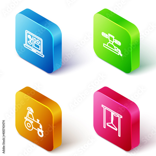 Set Isometric line Smart farming technology, Automatic irrigation sprinklers, Wireless tractor smart and icon. Vector.