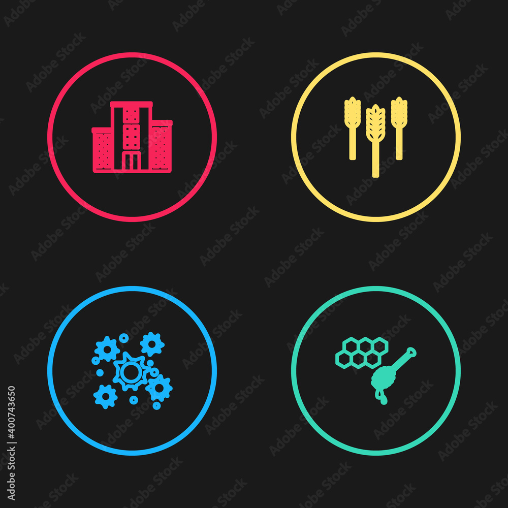 Set line Bacteria, Honeycomb with honey dipper, Wheat and Medical hospital building icon. Vector. Set line Bacteria, Honeycomb with honey dipper, Wheat and Medical hospital building icon. Vector.