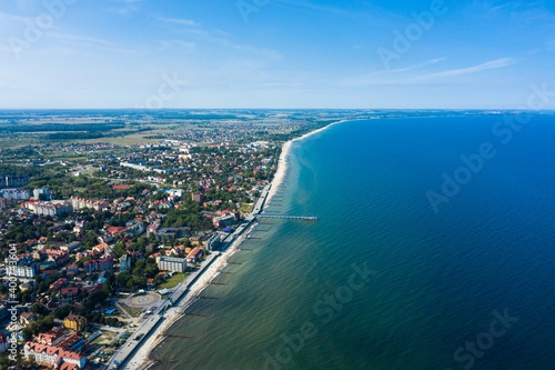 Aerial: Seacoast of the resort town of Zelenogradsk, Russia