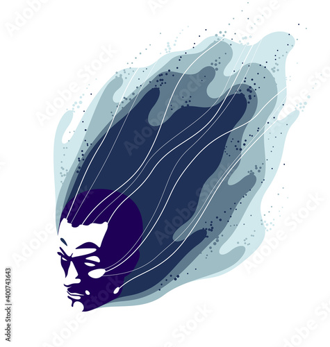 Man head with abstract fluids flying from it vector philosophical illustration, psychology insight and meditation theme, thinking and dreaming, mindfulness.