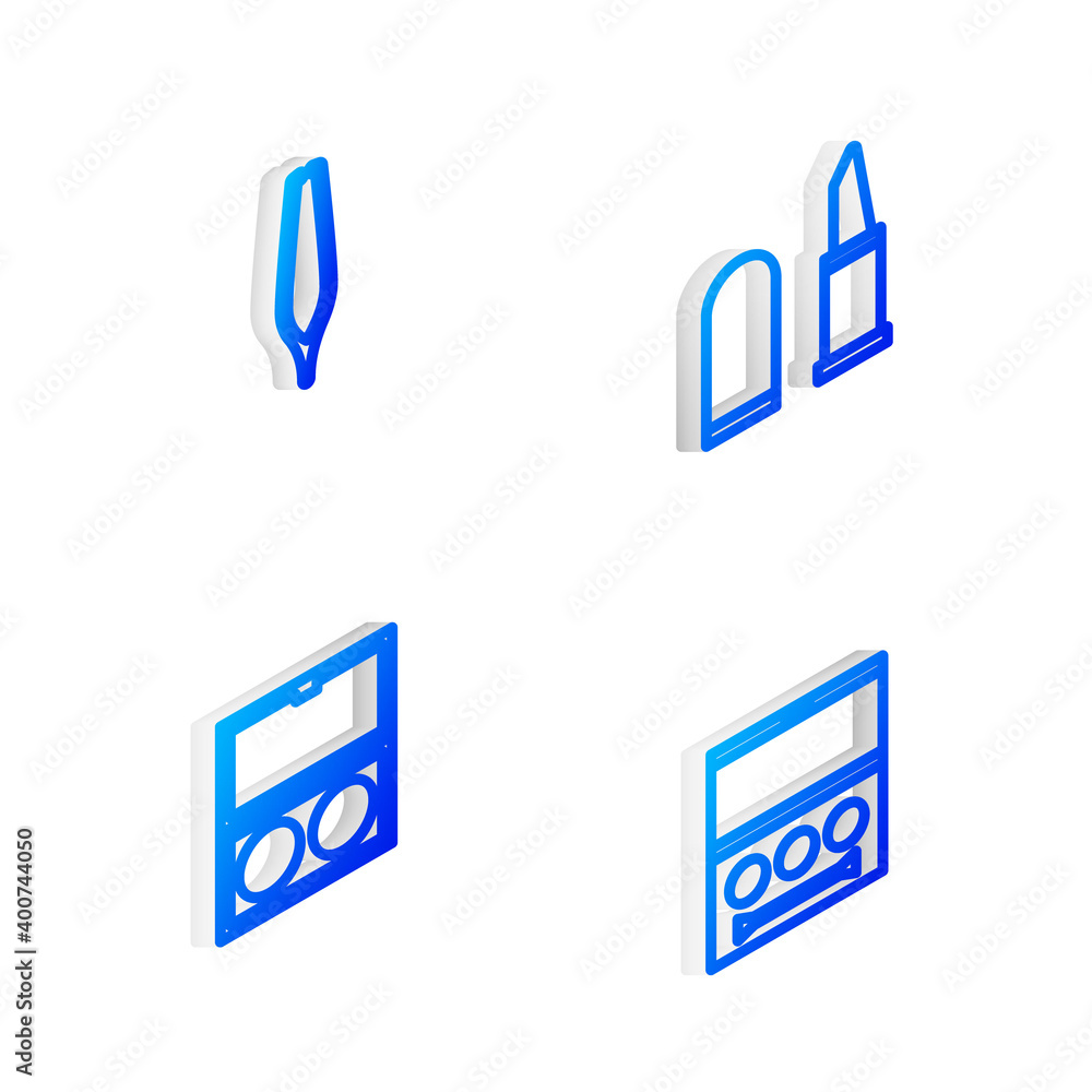 Set Isometric line Lipstick, Eyebrow tweezers, Makeup powder with mirror and shadow palette icon. Vector. Set Isometric line Lipstick, Eyebrow tweezers, Makeup powder with mirror and shadow palette icon. Vector.