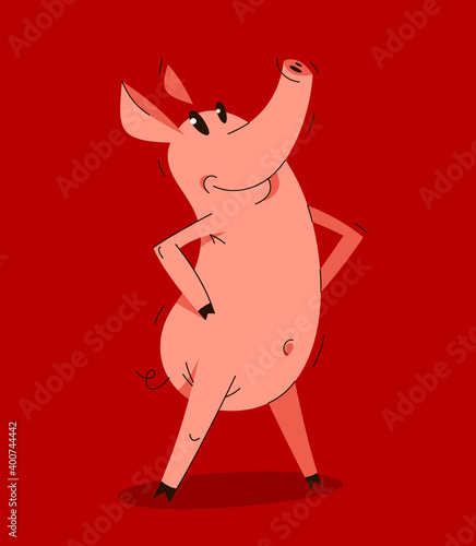 Funny cartoon pig standing confident and humorous vector illustration, animal character swine drawing.