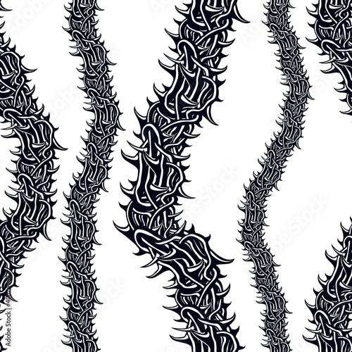 Horror art style seamless pattern, vector background. Blackthorn branches with thorns stylish endless illustration. Hard Rock and Heavy Metal subculture music textile fashion stylish design.