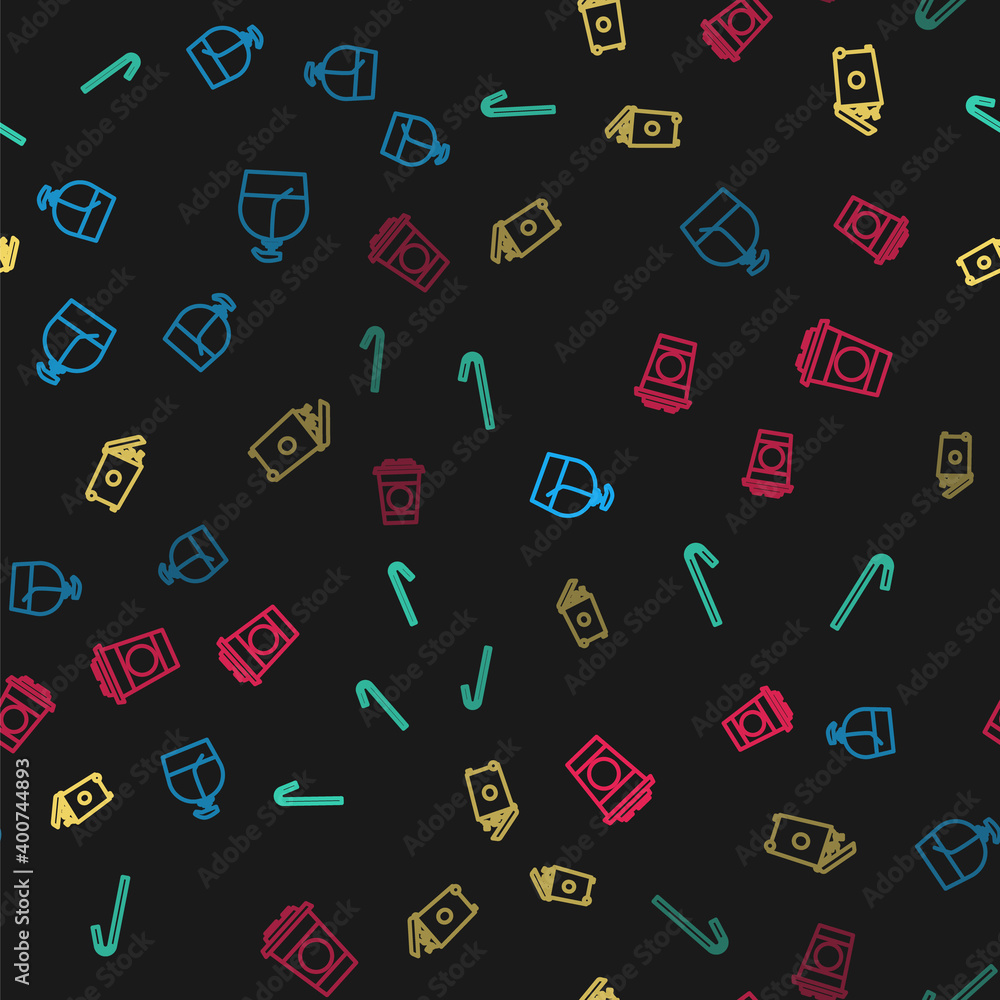 Set line Bottle of liquid soap, Drinking plastic straw, Trash can and Paper glass on seamless pattern. Vector. Set line Bottle of liquid soap, Drinking plastic straw, Trash can and Paper glass on seamless pattern. Vector.