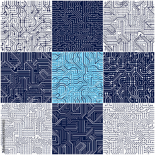 Circuit board seamless patterns set, vector backgrounds collection. Microchip technology electronics wallpaper repeat design.