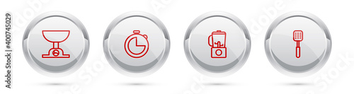 Set line Electronic scales, Kitchen timer, Blender and Spatula. Silver circle button. Vector.