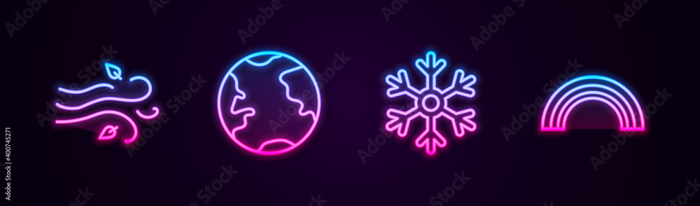Set line Wind, Earth globe, Snowflake and Rainbow. Glowing neon icon. Vector. Set line Wind, Earth globe, Snowflake and Rainbow. Glowing neon icon. Vector.