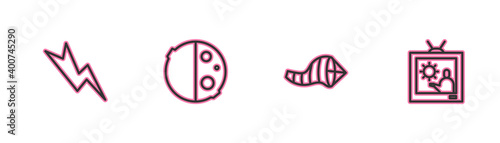 Set line Lightning bolt, Cone meteorology windsock wind vane, Eclipse of the sun and Weather forecast icon. Vector.