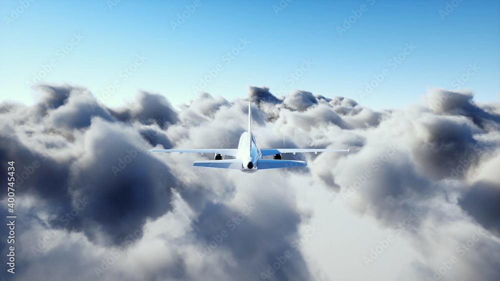 Passenger airbus flying in clouds. Plane. 3d rendering.