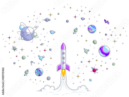 Rocket launch into undiscovered space, surrounded by fantastic planets, stars and other elements. Explore universe, space science. Thin line 3d vector illustration isolated on white.