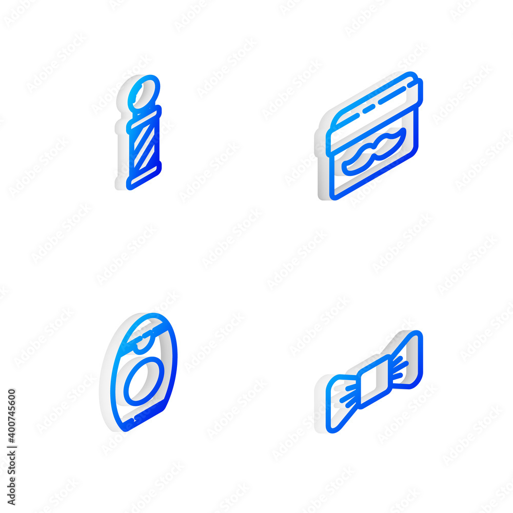 Set Isometric line Cream or lotion cosmetic jar, Classic Barber shop pole, Bottle of shampoo and Bow tie icon. Vector. Set Isometric line Cream or lotion cosmetic jar, Classic Barber shop pole, Bottle of shampoo and Bow tie icon. Vector.