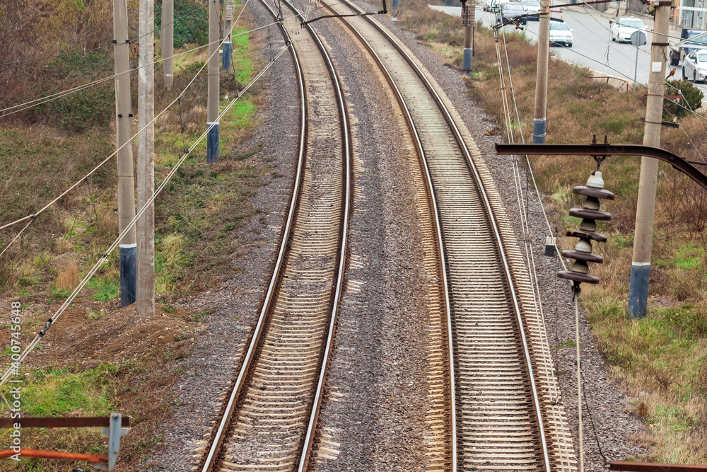 Top view to railway tracks, railroad rails