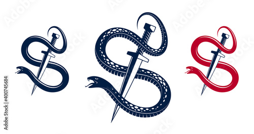 Dagger kills a Snake, defeated Serpent wraps around a sword vector vintage tattoo, Life is a Fight concept, life is no bed of roses, allegorical logo or emblem of ancient symbol.