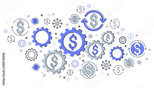 Economy system and business concept, gears and cogs mechanism with dollar signs and icon set, allegory design of systematic business and financial activity, vector illustration. © Sylverarts