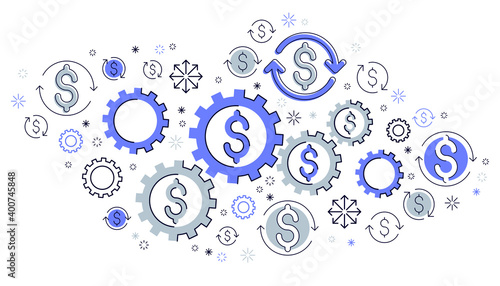 Economy system and business concept, gears and cogs mechanism with dollar signs and icon set, allegory design of systematic business and financial activity, vector illustration.