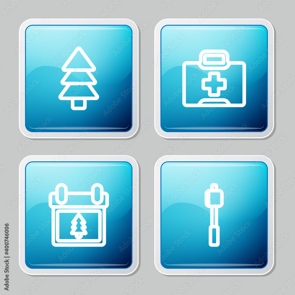 Set line Tree, First aid kit, Calendar with tree and Marshmallow on stick icon. Vector. Set line Tree, First aid kit, Calendar with tree and Marshmallow on stick icon. Vector.
